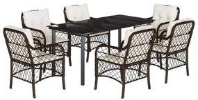 Set da pranzo da giardino 7pz con cuscini in polyrattan marrone