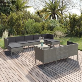 Set divani da giardino 11 pz con cuscini in polyrattan grigio