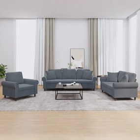 Set Di Divani 3 Pz Con Cuscini Grigio Scuro İn Velluto /