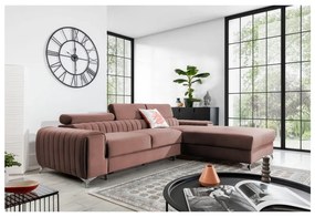 Divano angolare rosa allungabile/con contenitore (con penisola a destra/con chaise lounge) e rivestimento in velluto Grayson – ELTAP