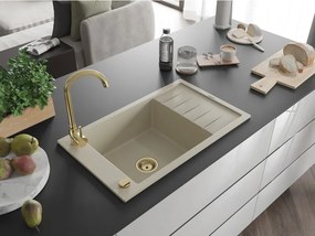 Mexen Elias lavello in granito a 1 vasca con gocciolatoio 795 x 480 mm, beige, sifone dorato - 6511791005-69-G