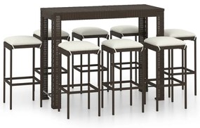 Set da Bar da Giardino 9 pz con Cuscini in Polyrattan Marrone