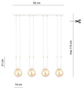 Sospensione Contemporanea 4 Luci Glam Acciaio Bianco Oro E Sfera Vetro Ambra