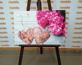 Quadro su tela – Peonie e cuoricini di betulla