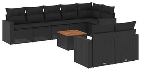 Set divani da giardino 9 pz con cuscini nero in polyrattan