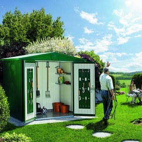Casetta da giardino BIOHORT in acciaio Europa 3 verde con porta battente semplice, superficie totale 3.8 m² e spessore parete 0.5 mm
