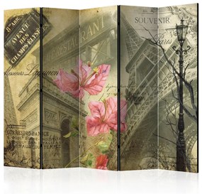 Paravento design Bonjour Paris! II (5 parti) - collage vintage con fiori e monumenti
