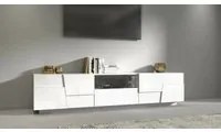 Mobile porta TV Dcortinovi, Credenza bassa da soggiorno con 4 ante e 1 cassetto, Base porta TV, 220x44h46 cm, Bianco lucido