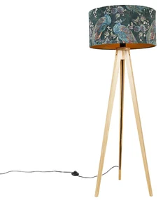 Lampada da terra moderna in legno con paralume in tessuto nero pavone 50 cm - Tripod Classic