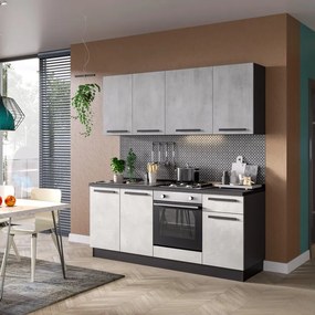 Cucina montata Dora bianco e grigio chiaro, lavello a sinistra, L 195 cm, completa di: cappa a incasso, piano cottura a gas e forno.