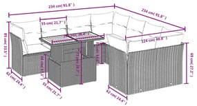 Set divani da giardino 9 pz con cuscini nero in polyrattan