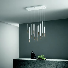 Lampada a sospensione LED a 10 Luci in metallo 70 cm verniciato Bianco e Oro TUBIC