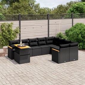 Set divani da giardino 10pz con cuscini in polyrattan nero