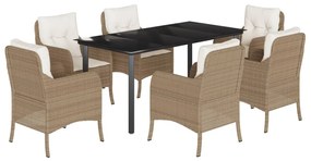 Set da pranzo da giardino 7 pz con cuscini beige in polyrattan
