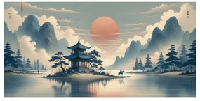 Quadro su tela – Cavaliere vicino a pagoda tra le montagne