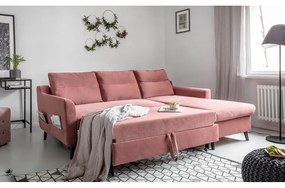 Divano letto angolare in velluto rosa, angolo destro Stylish Stan - Miuform