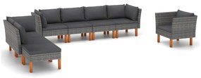 Set divani da giardino 8pz polyrattan legno di eucalipto grigio