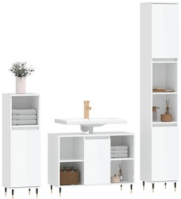 Set Mobili da Bagno 3 pz Bianco Lucido in Legno Multistrato