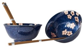 Set di 2 ciotole e bacchette in ceramica blu Rosa Sakura - MIJ