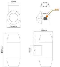 Applique Ovale Bidirezionale IP65 GU10 per esterni, Grande - Grigia Colore del corpo Grigio