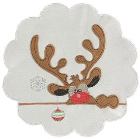 Tovaglia rotonda natalizia bianca con applicazione di renne 30 cm