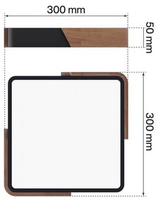 Plafoniera LED Quadrata 18W CCT, 30x30cm, Legno/Nero Colore Bianco Variabile CCT