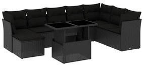 Set divani da giardino 9 pz con cuscini nero in polyrattan