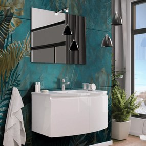 Mobile Bagno Sospeso 80 Cm Due Ante Specchio Con Lampada Led 80x60 Cm Savini Due "Giulia" Bianco Lucido