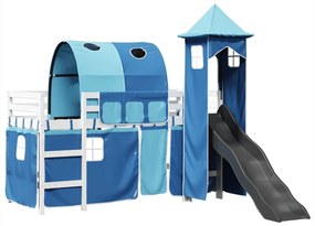 Letto a soppalco con torre bambini blu 90x200cm massello pino