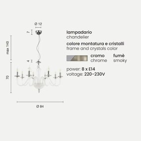 Lampada a sospensione DEBUSSY in vetro lavorato a mano Fumč 8 LUCI