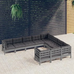 Set divani da giardino 10 pz con cuscini grigi massello di pino