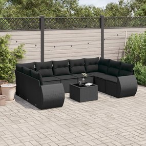 Set divani da giardino 10pz con cuscini in polyrattan nero