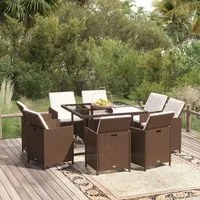 Set da Pranzo per Giardino 9 pz con Cuscini Polyrattan Marrone 3095513