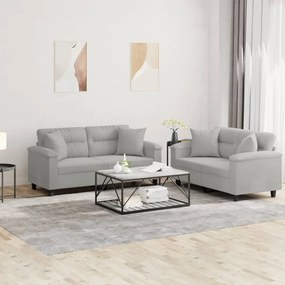 Set Divani 2 Pz Con Cuscini Grigio Chiaro İn Tessuto Microfibra /