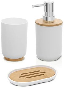 Accessori bagno da appoggio in set 3 pezzi in abs bianco e bambù Surf
