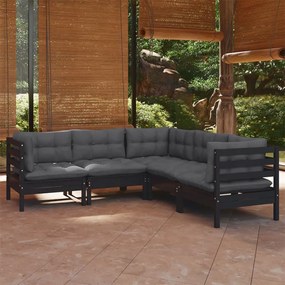 Set divani da giardino 5 pz con cuscini neri massello di pino
