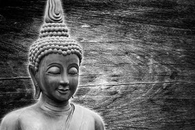 Carta da parati – Statua di Buddha bianco e nero su sfondo di legno