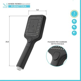 Doccetta quadrata 26,6 cm con tre tipi di getto nero opaco in ABS Hidra