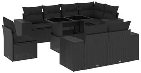 Set divani da giardino 9 pz con cuscini nero in polyrattan