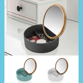 Porta trucchi da bagno tondo in plastica bianca e bamboo completo di specchio