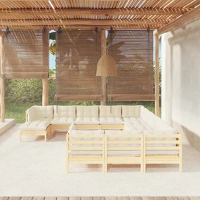 Set divani da giardino 12 pz con cuscini crema in massello di pino