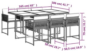 Set da pranzo da giardino 7 pz con cuscini in polyrattan grigio