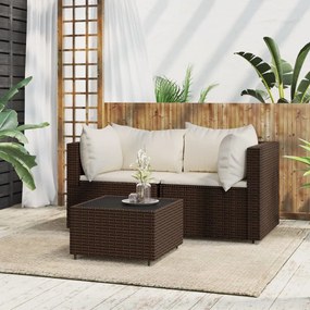 Set mobili da giardino 3 pz con cuscini in polyrattan marrone