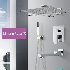 Pannello doccia da incasso EYN PT04042 in ottone con LED, getti multipli e più finiture — Senza uscita inferiore — 30 cm
