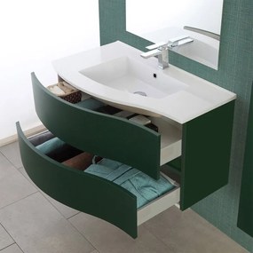 Mobile bagno sospeso curvo 90 verde con lavabo e specchio a filo Minori
