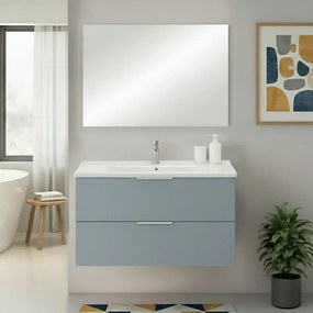 Mobile bagno sospeso 100cm azzurro polvere con cassetti lavabo e specchio Elva