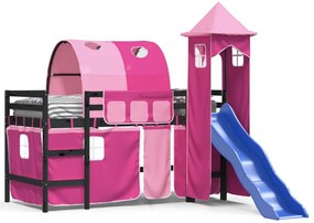 Letto a soppalco con torre bambini rosa 80x200cm massello pino