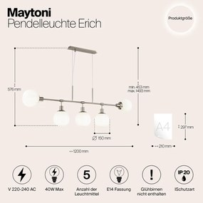 Lampadario Sospensione Erich Metallo Nichel 5 Luci E Diffusori Bianchi