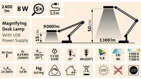 Extol - Lampada da tavolo LED dimmerabile con una lente d'ingrandimento LED/8W/5V 2900/4500/7500K bianco