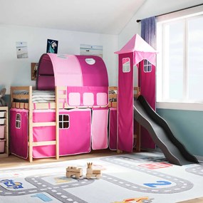 Letto A Soppalco Con Torre Bambini Rosa 90x190cm Massello Pino /